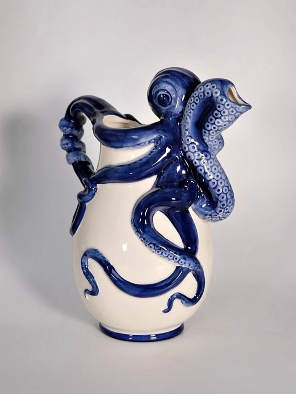 Blue Sky Clayworks Blue Octopus Pitcher Blue & White Ceramic Vase